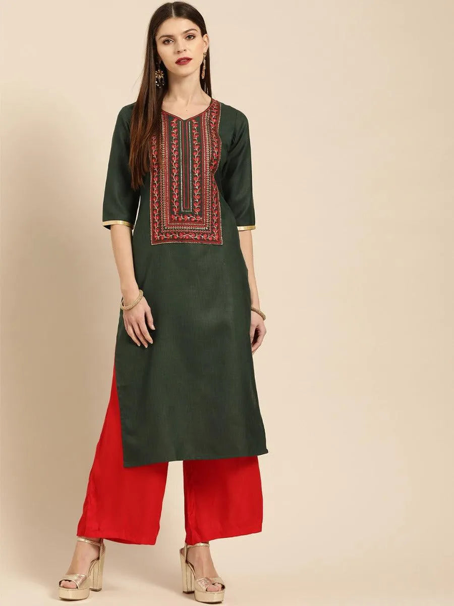 Green Embroidered Cotton Kurta - Libas