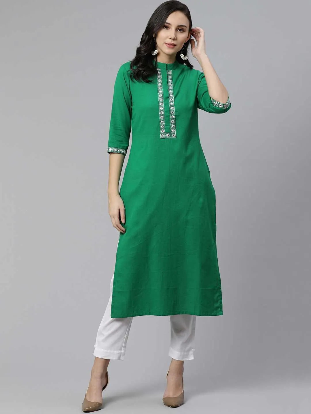 Green Embroidered Cotton Kurta - Libas