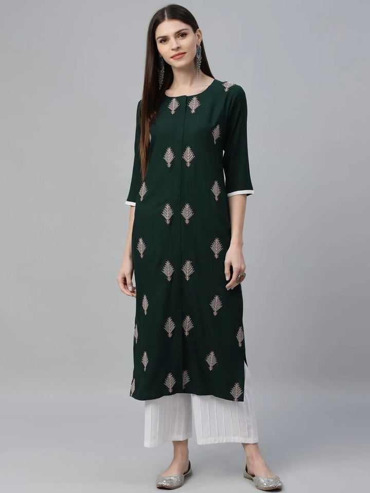 Green Embroidered Cotton Kurta - Libas