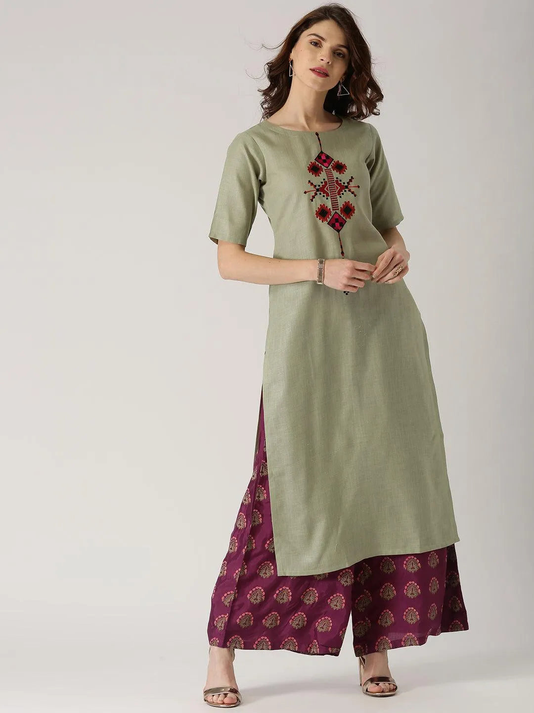 Green Embroidered Cotton Kurta - Libas