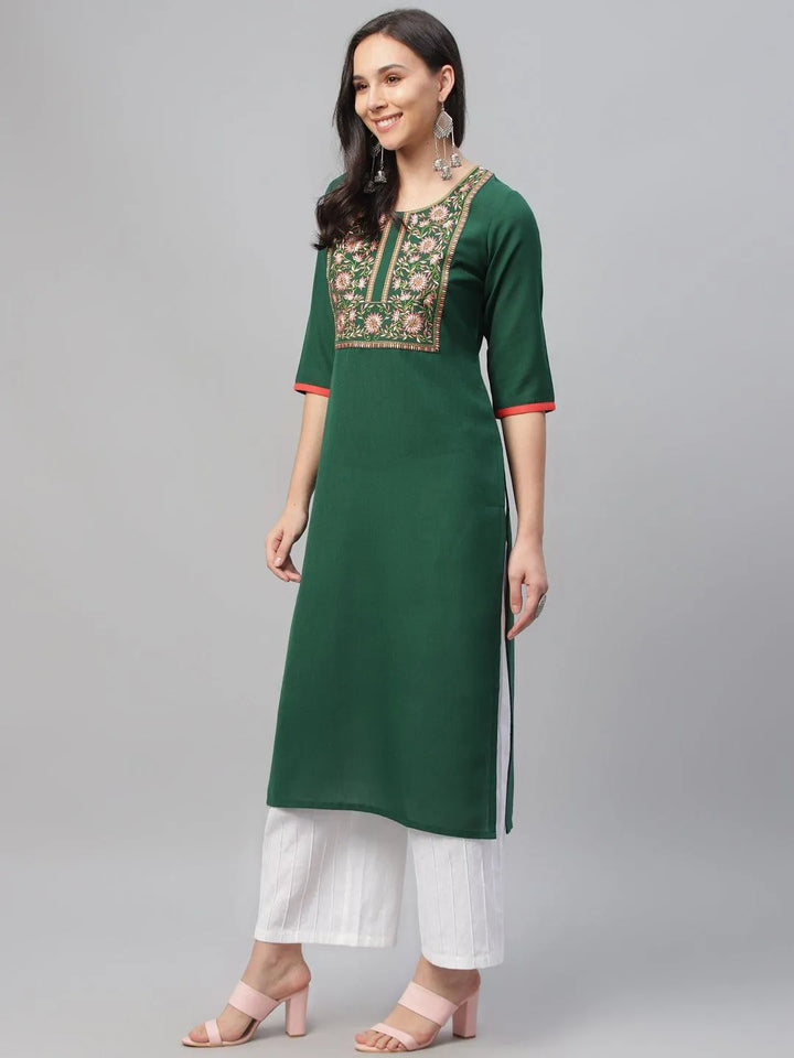 Green Embroidered Cotton Kurta - Libas