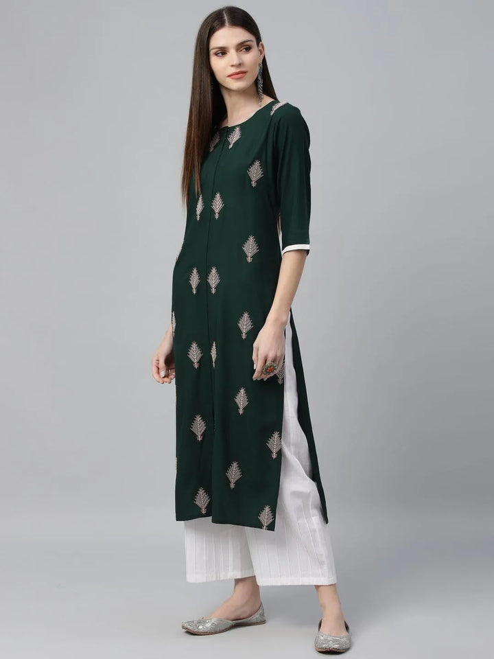 Green Embroidered Cotton Kurta - Libas