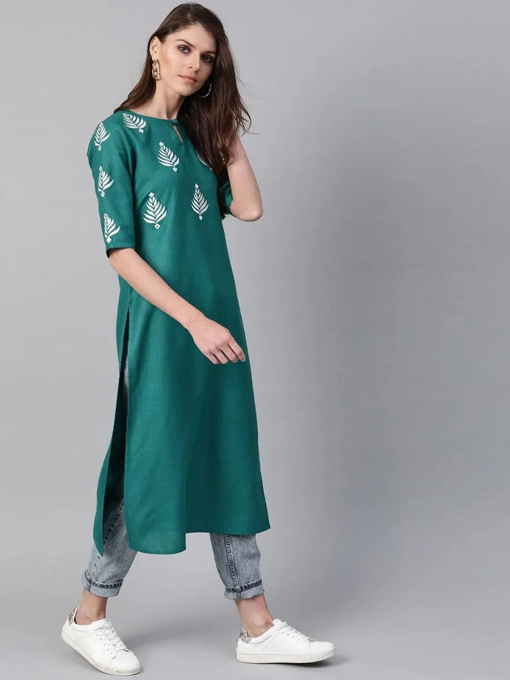 Green Embroidered Cotton Kurta - Libas