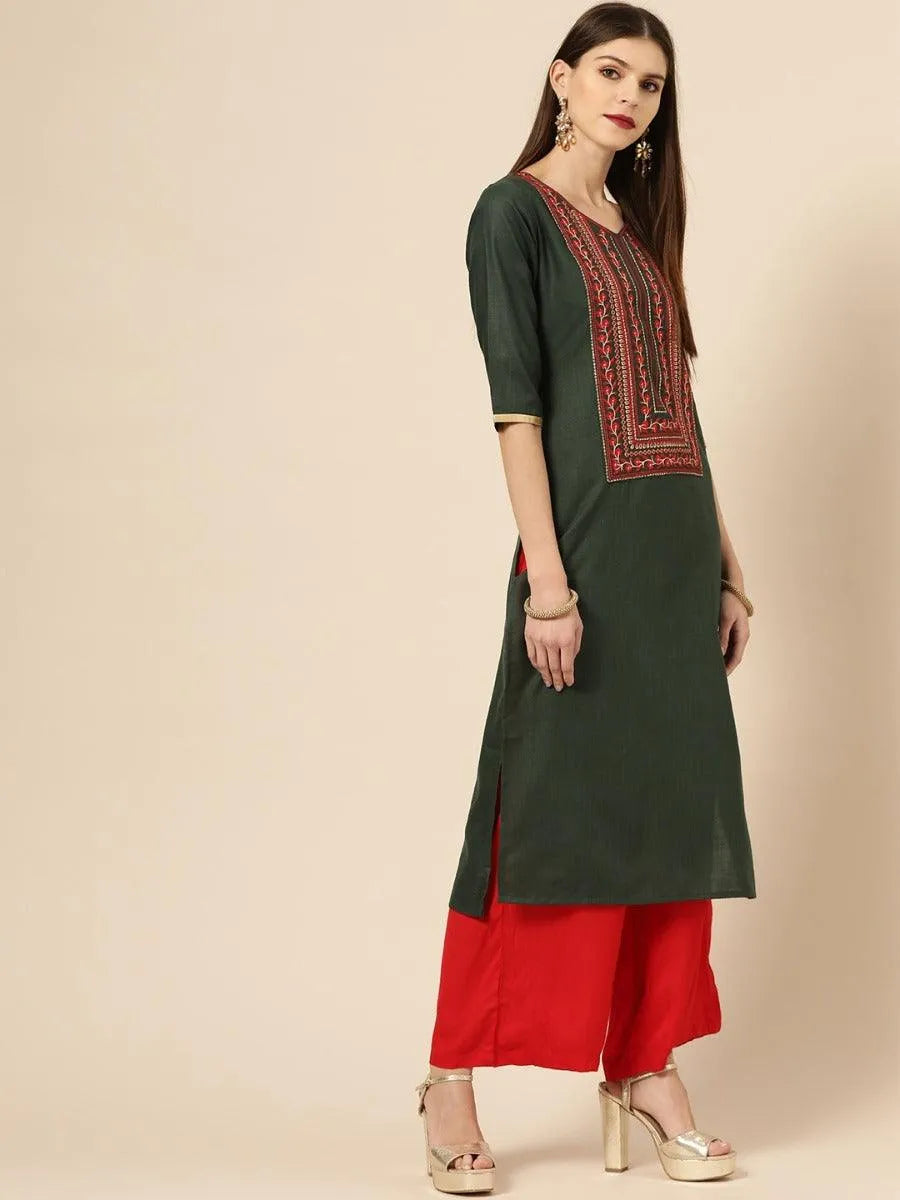 Green Embroidered Cotton Kurta - Libas