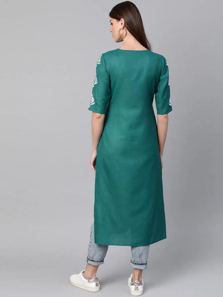 Green Embroidered Cotton Kurta - Libas