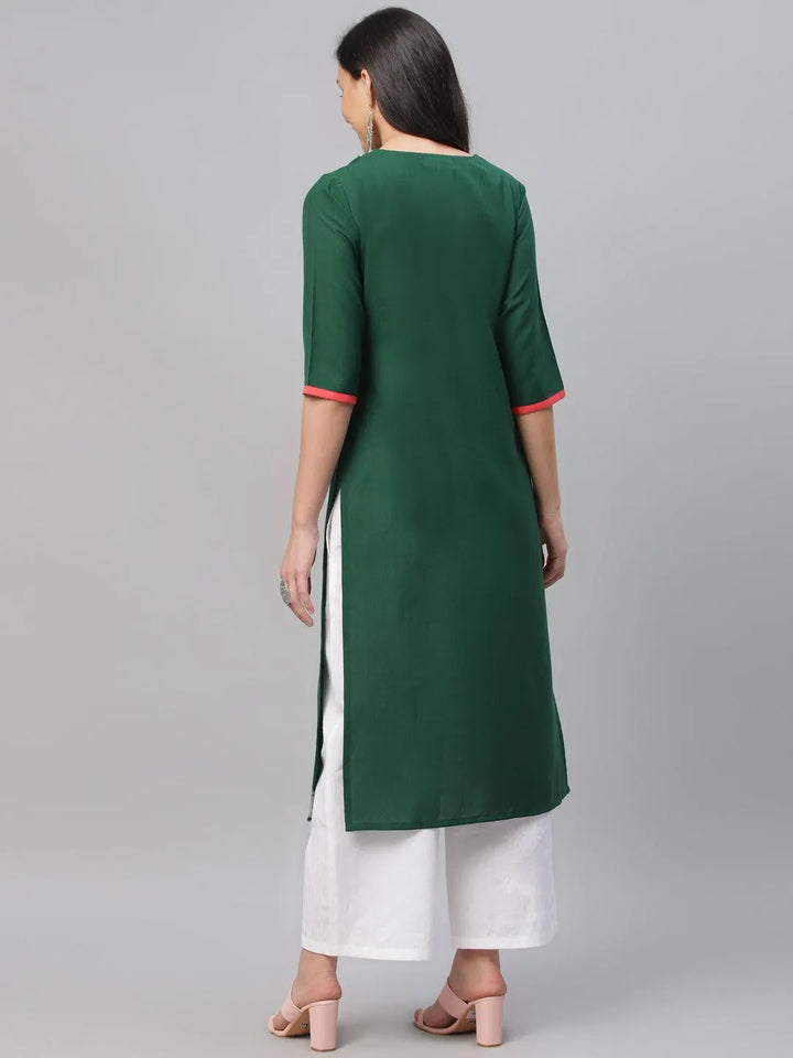 Green Embroidered Cotton Kurta - Libas