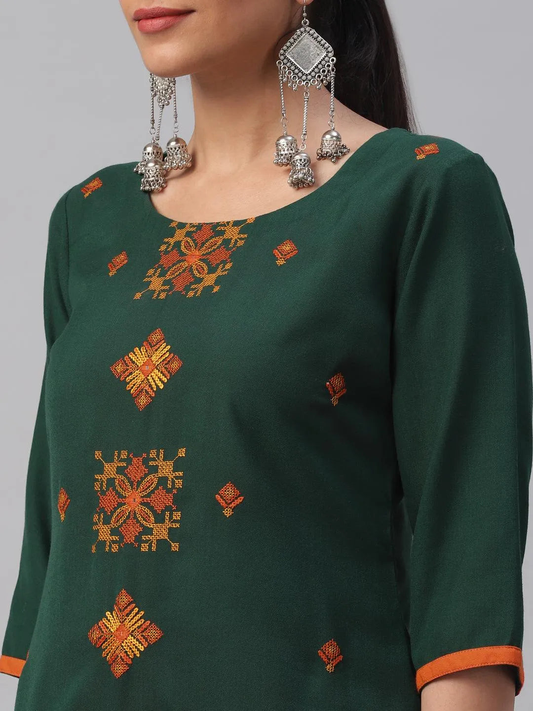 Green Embroidered Cotton Kurta - Libas 