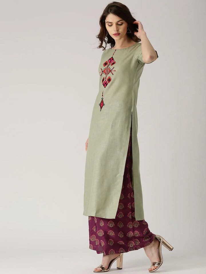 Green Embroidered Cotton Kurta - Libas