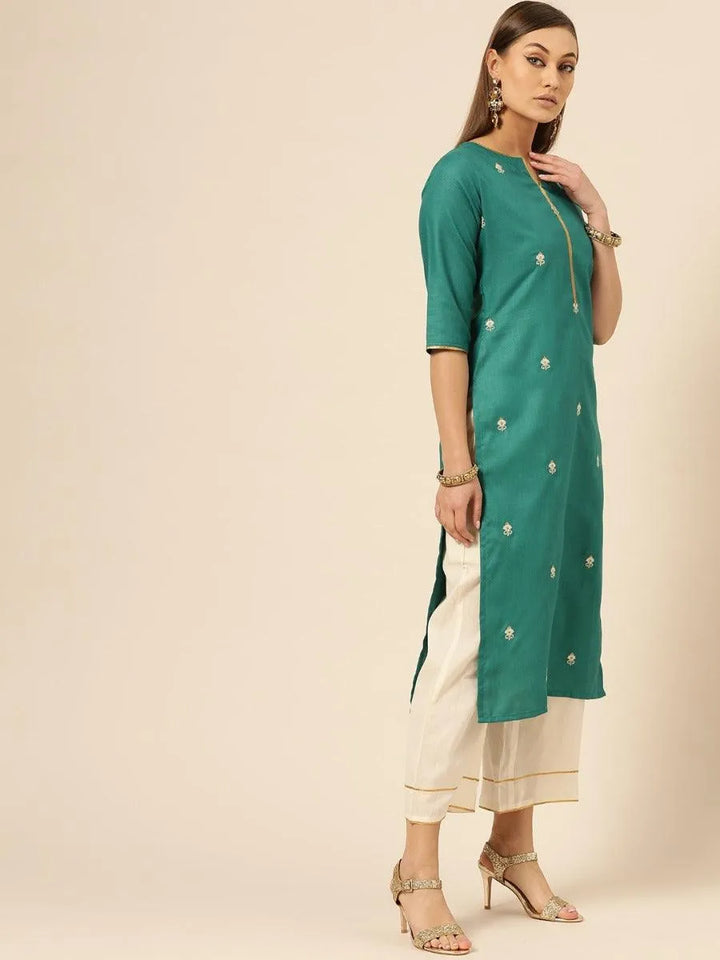 Green Embroidered Cotton Kurta Set - Libas