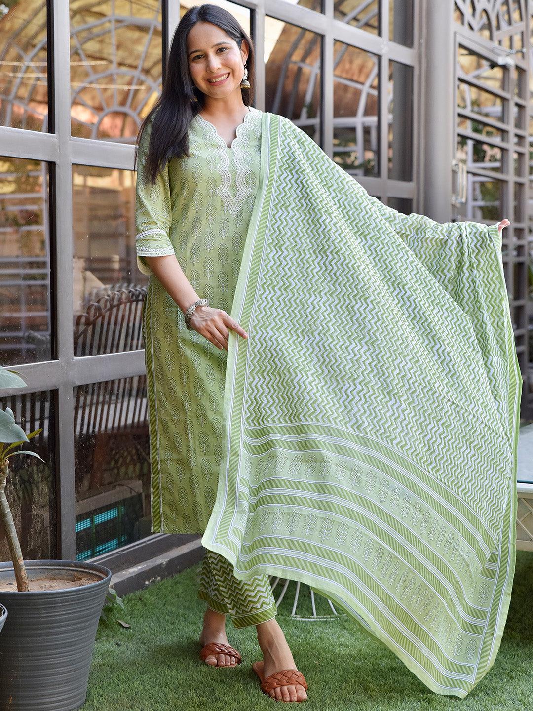 Green Embroidered Cotton Straight Kurta With Trousers & Dupatta