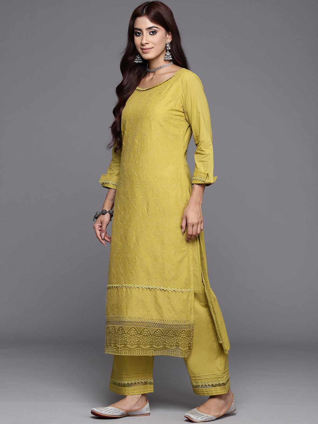 Green Embroidered Cotton Straight Kurta With Trousers & Dupatta - Libas