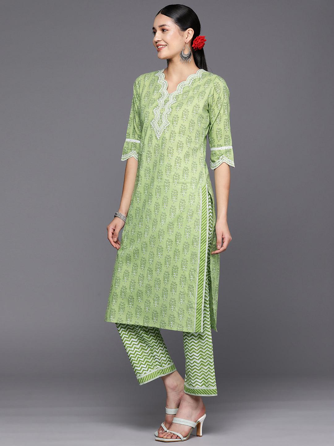 Green Embroidered Cotton Straight Kurta With Trousers & Dupatta