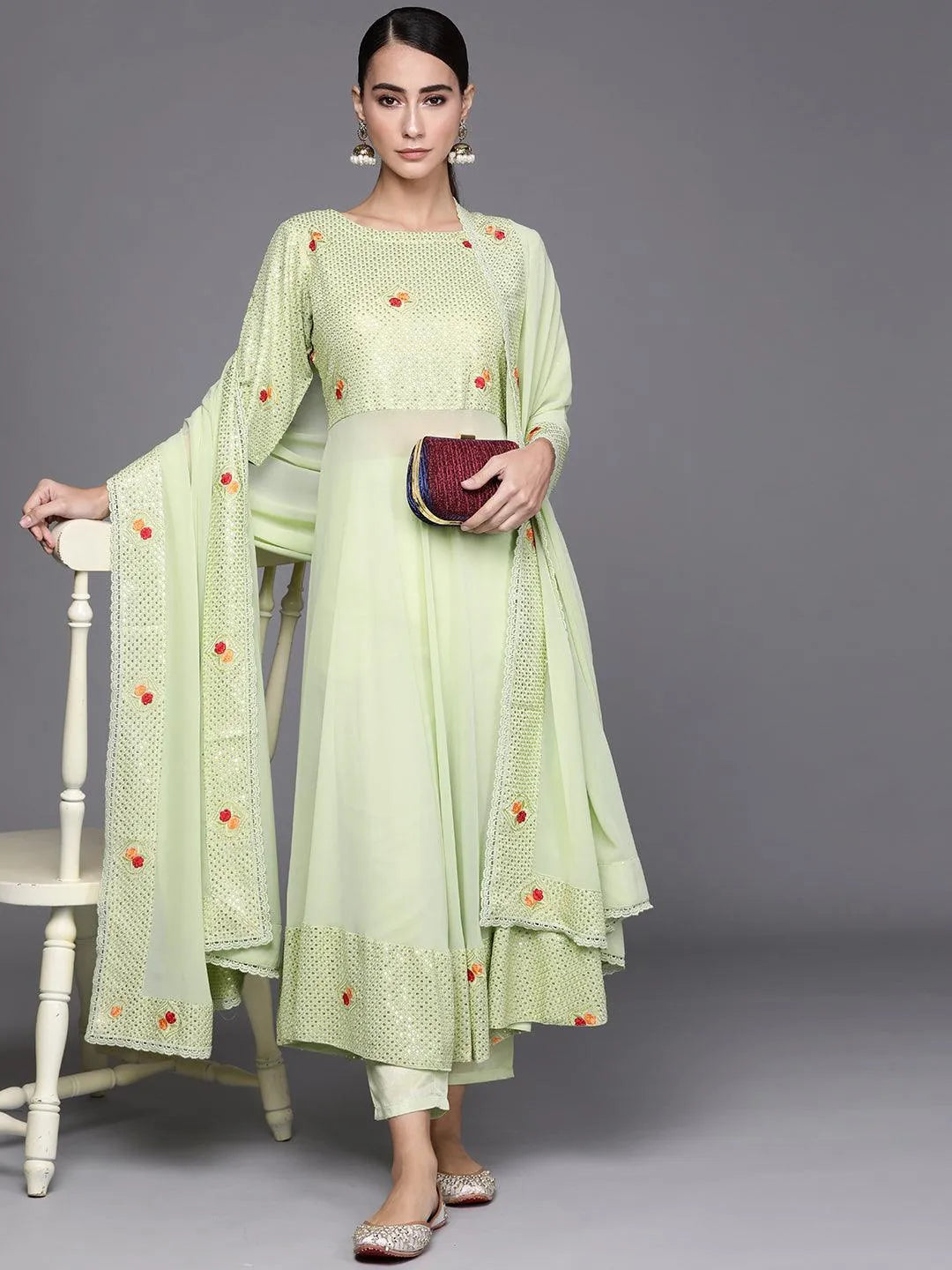 Green Embroidered Georgette Suit Set - Libas