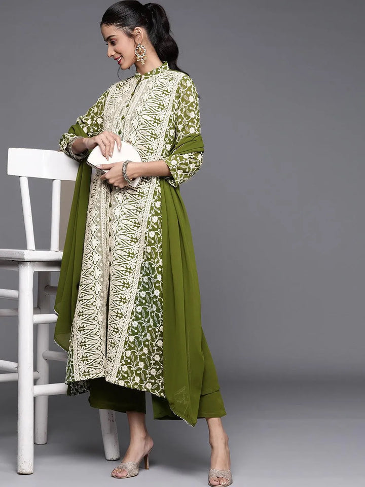 Green Embroidered Georgette Suit Set - Libas