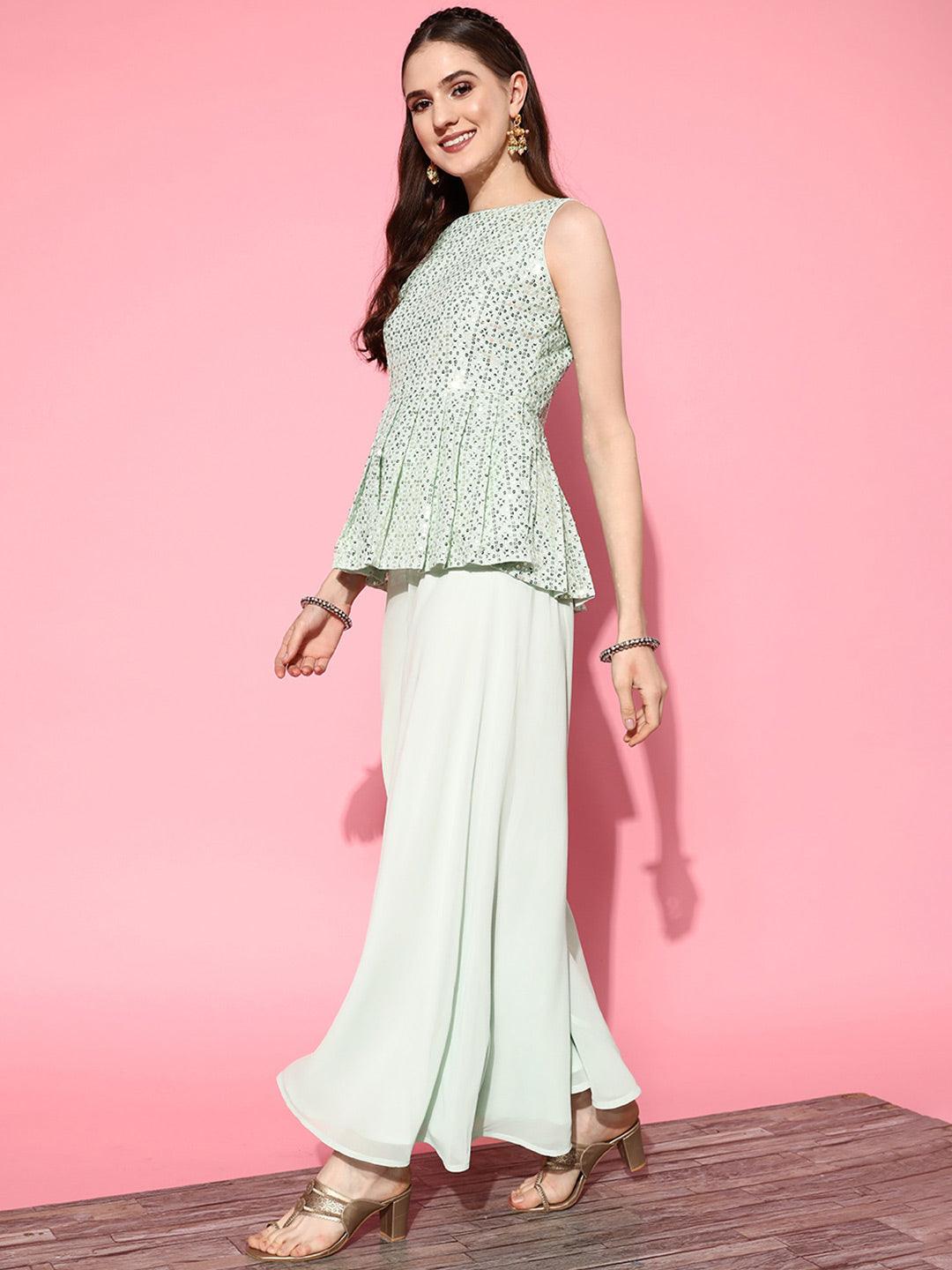 Green Embroidered Georgette A-Line Kurta With Palazzos
