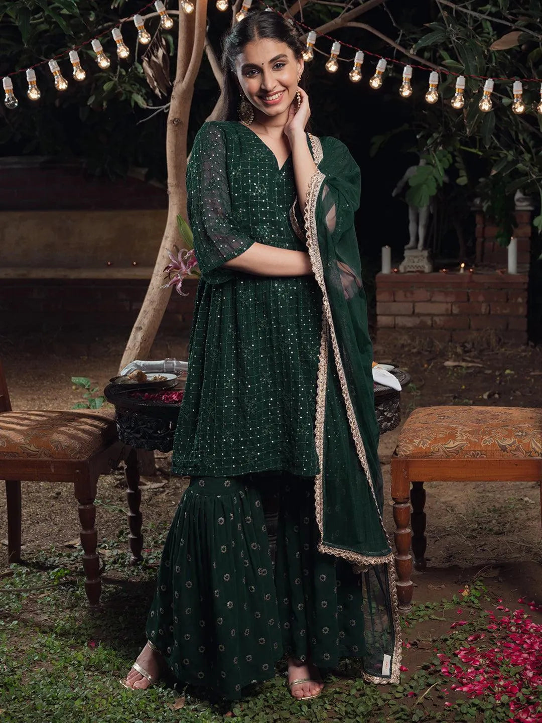 Green Embroidered Georgette A-Line Kurta With Sharara & Dupatta - Libas