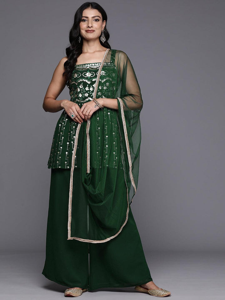 Green Embroidered Georgette A-Line Kurti With Palazzos & Dupatta - Libas