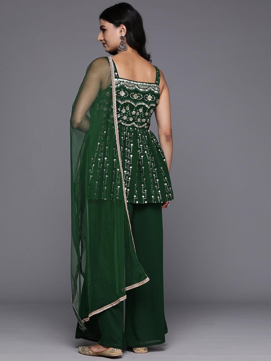 Green Embroidered Georgette A-Line Kurti With Palazzos & Dupatta - Libas