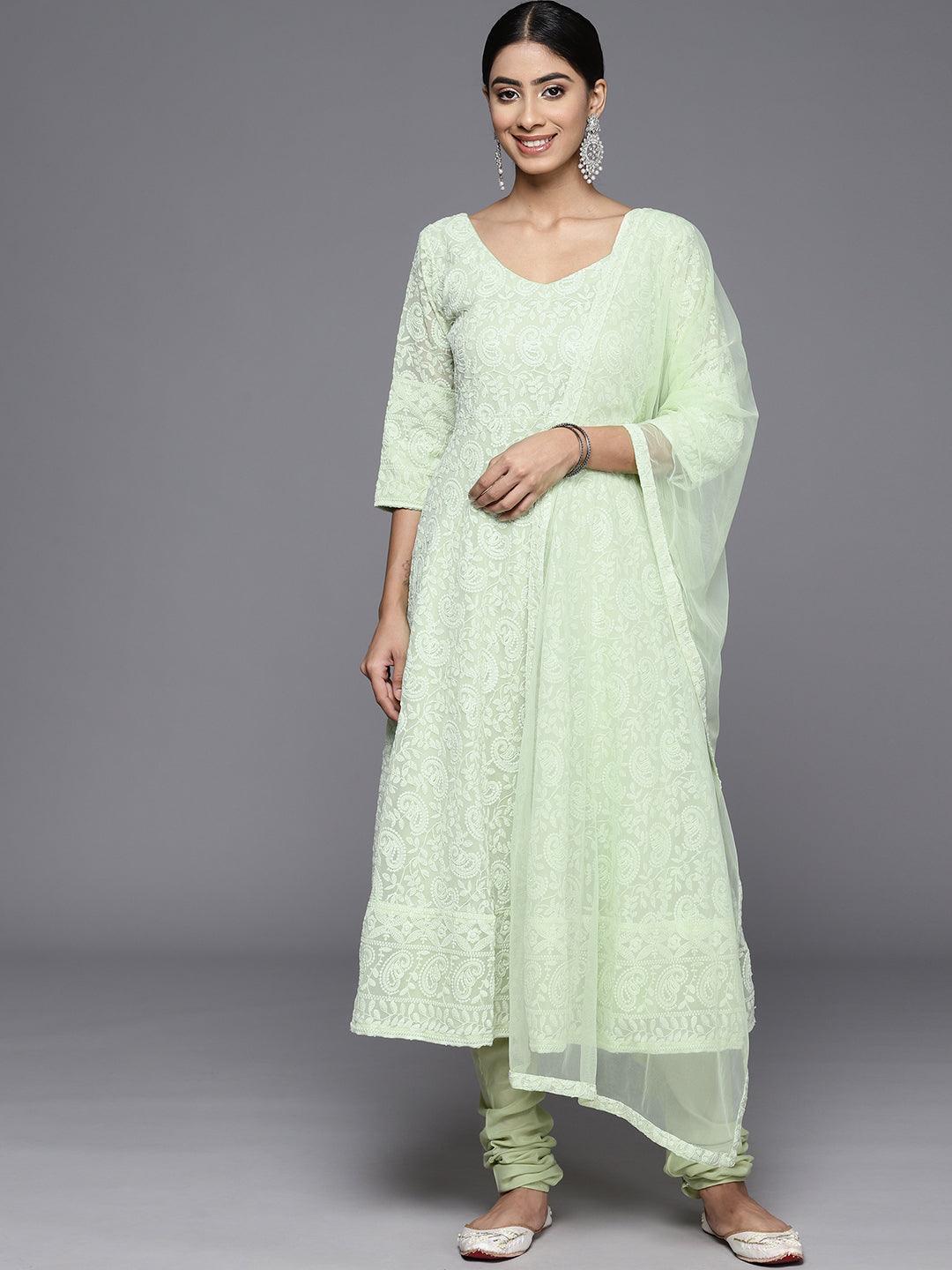 Green Embroidered Georgette Anarkali Kurta With Churidar & Dupatta - Libas