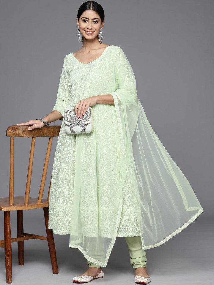 Green Embroidered Georgette Anarkali Kurta With Churidar & Dupatta - Libas