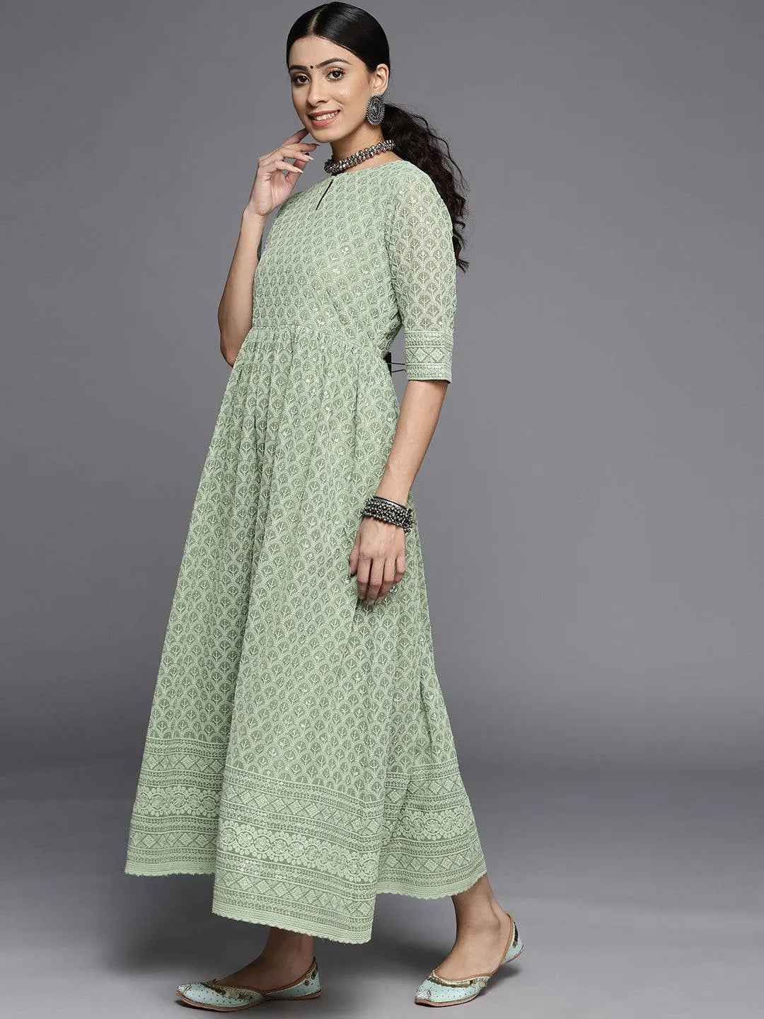 Green Embroidered Georgette Dress - Libas