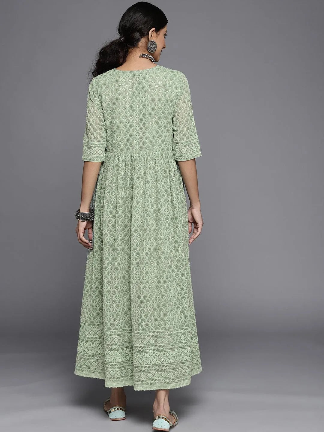 Green Embroidered Georgette Dress - Libas 