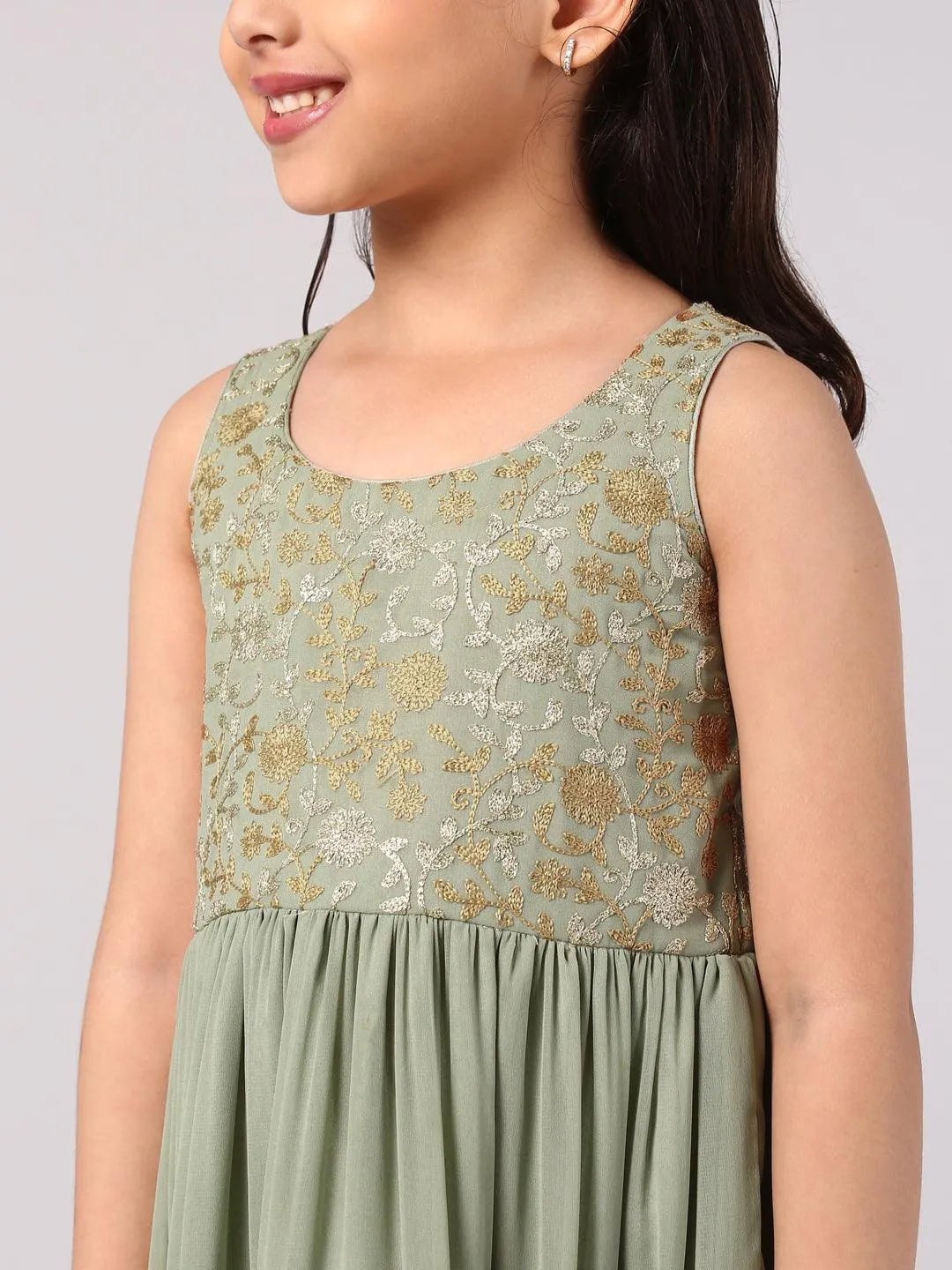 Green Embroidered Georgette Dress - Libas 