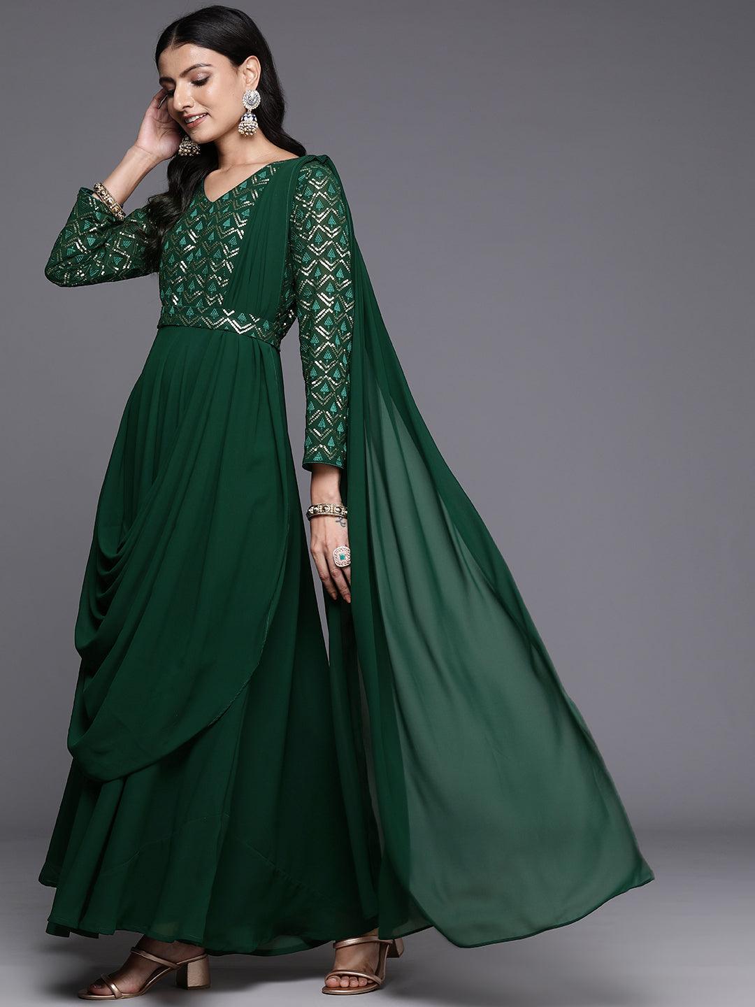 Green Embroidered Georgette Gown Dress - Libas