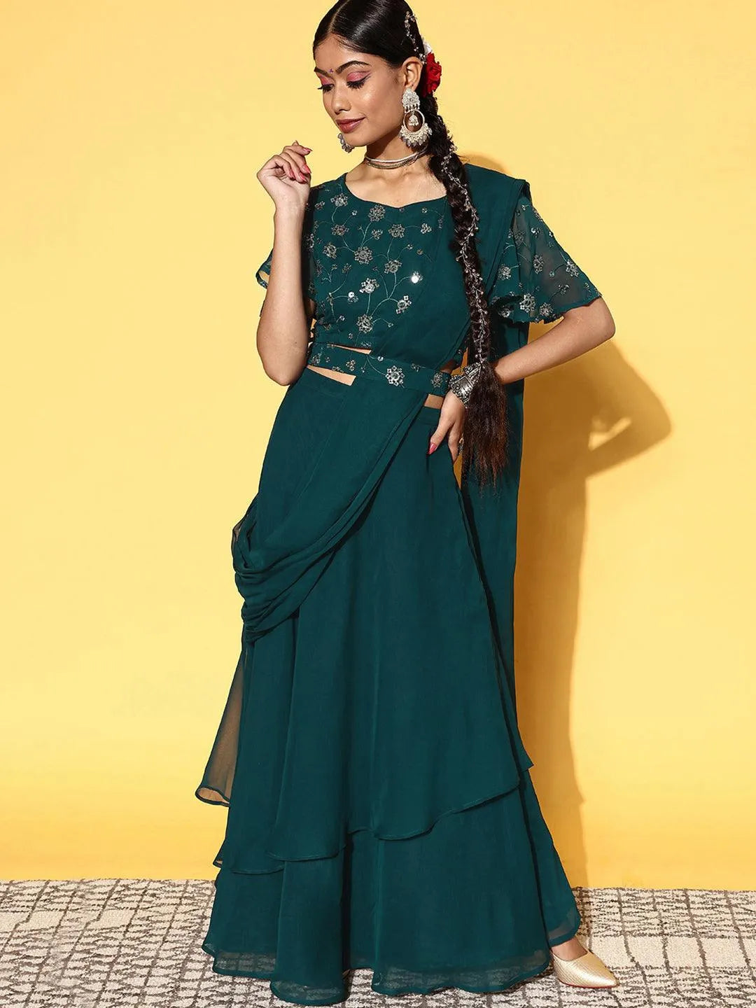 Green Embroidered Georgette Lehenga Set - Libas 