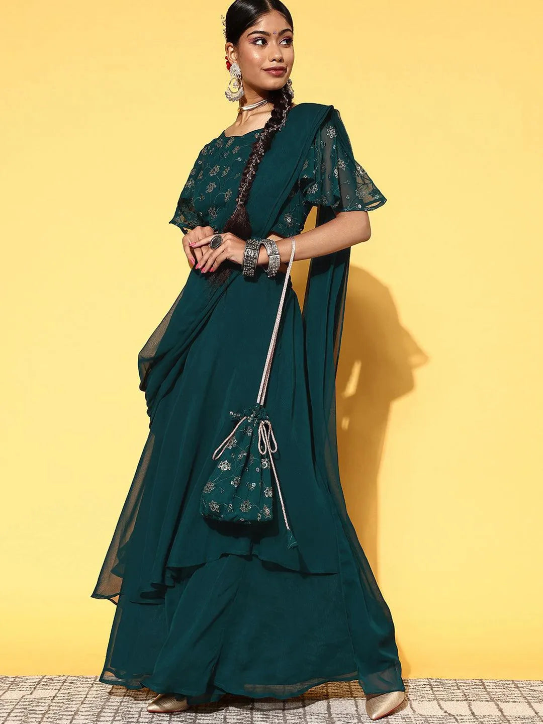 Green Embroidered Georgette Lehenga Set - Libas 