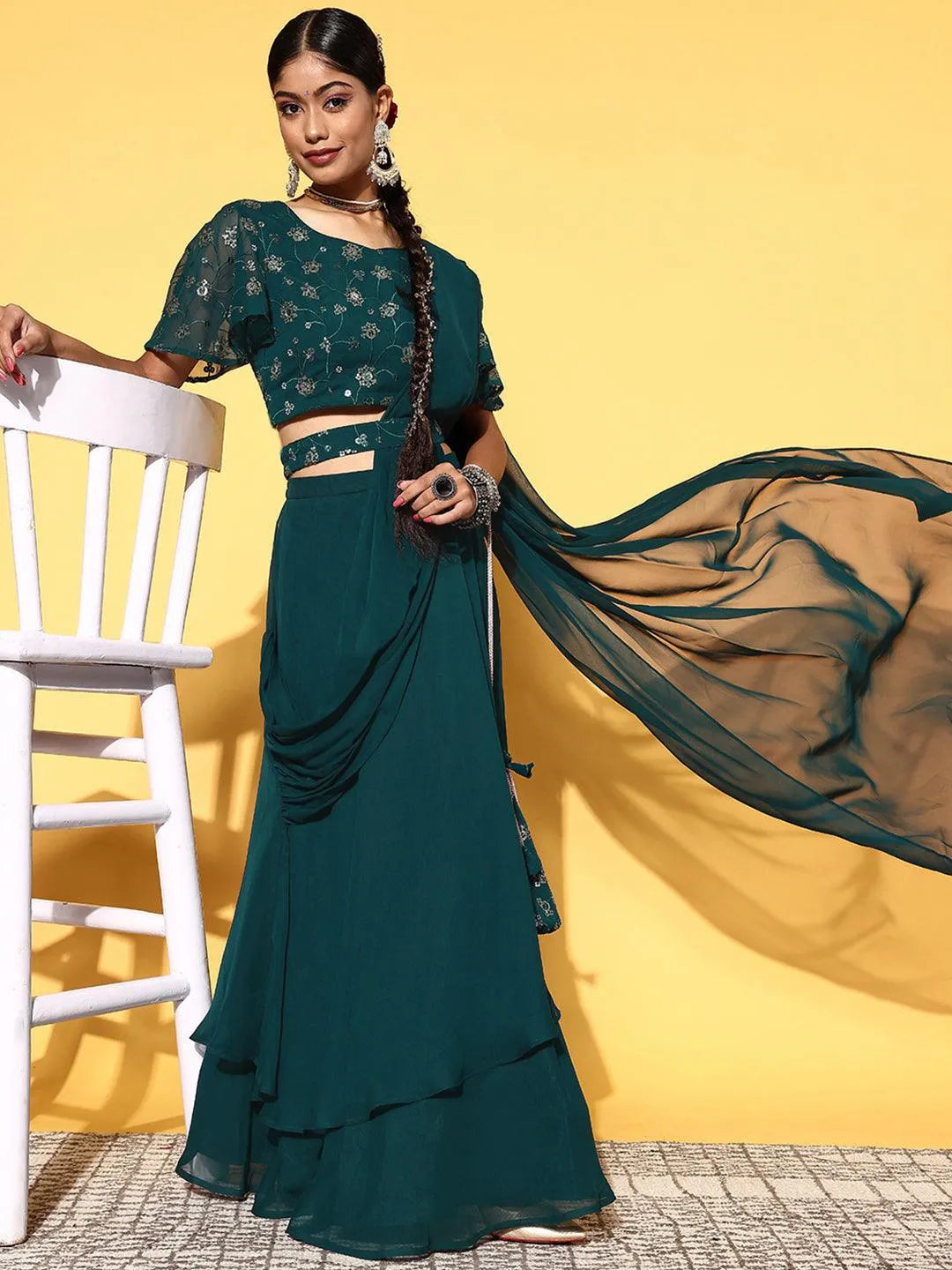 Green Embroidered Georgette Lehenga Set - Libas