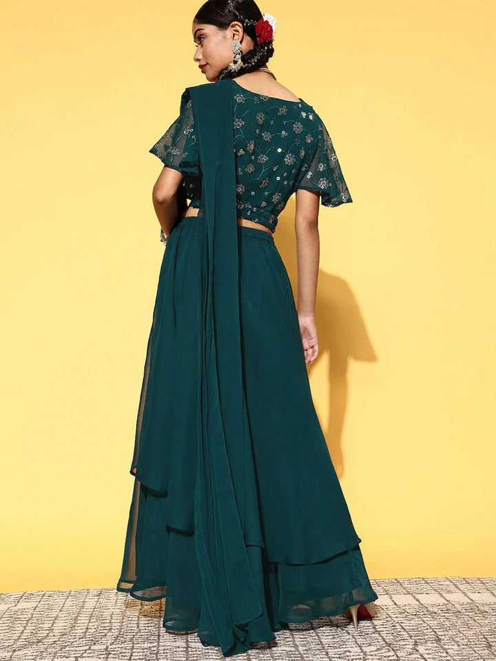 Green Embroidered Georgette Lehenga Set - Libas