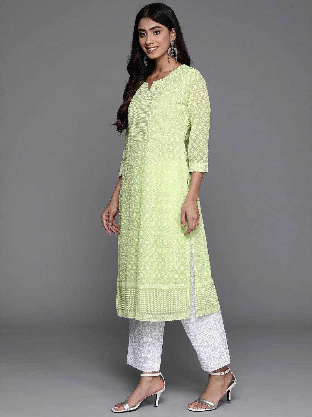 Green Embroidered Georgette Straight Kurta - Libas