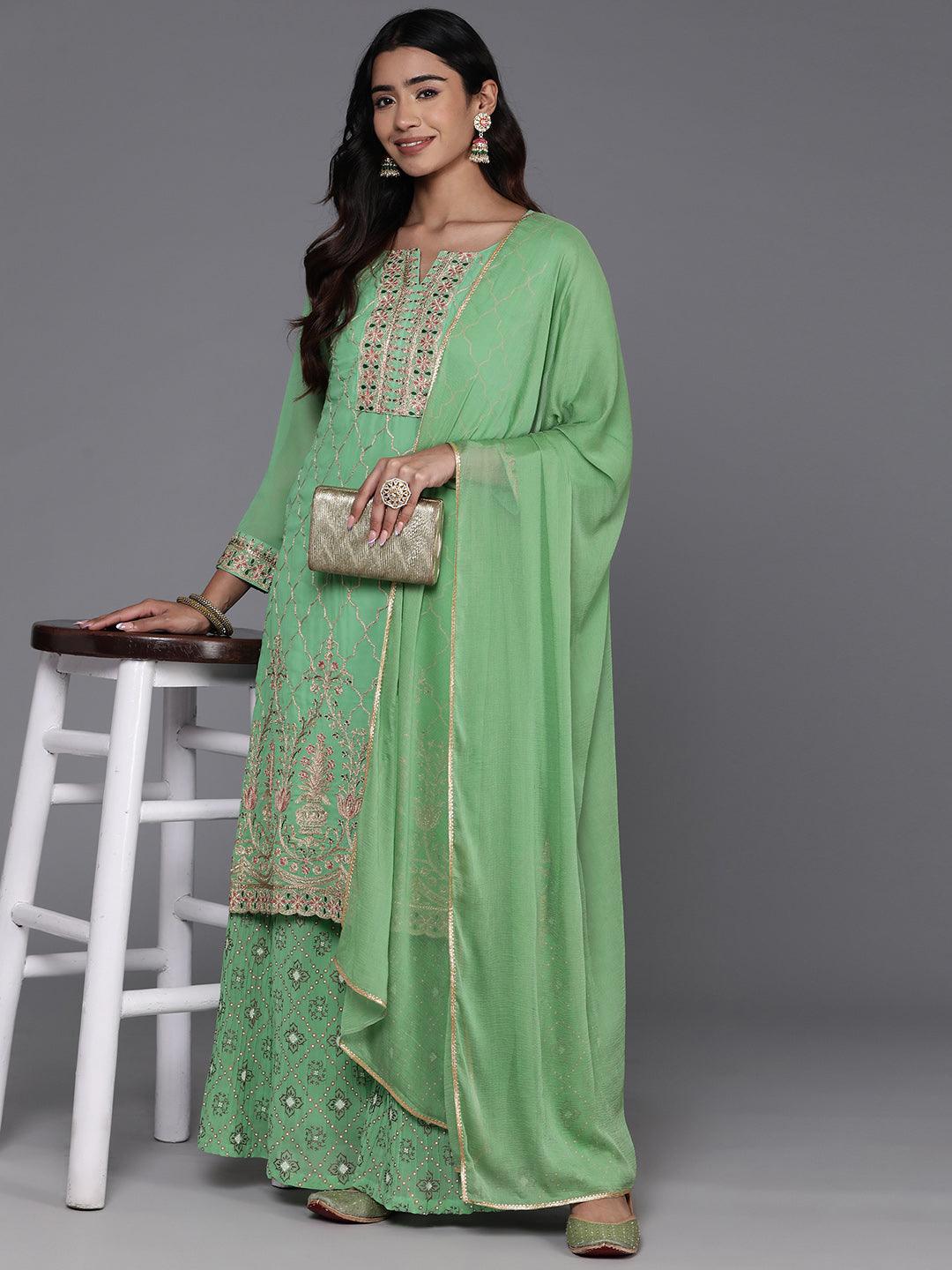 Green Embroidered Georgette Straight Kurta With Palazzos & Dupatta - Libas 