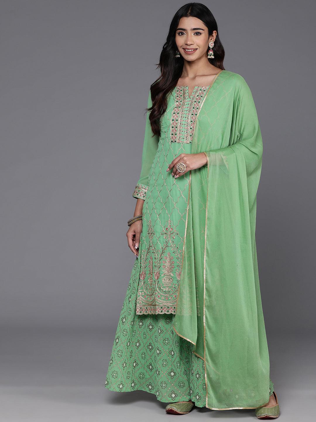 Green Embroidered Georgette Straight Kurta With Palazzos & Dupatta - Libas 