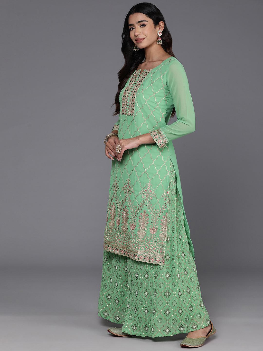 Green Embroidered Georgette Straight Kurta With Palazzos & Dupatta - Libas 