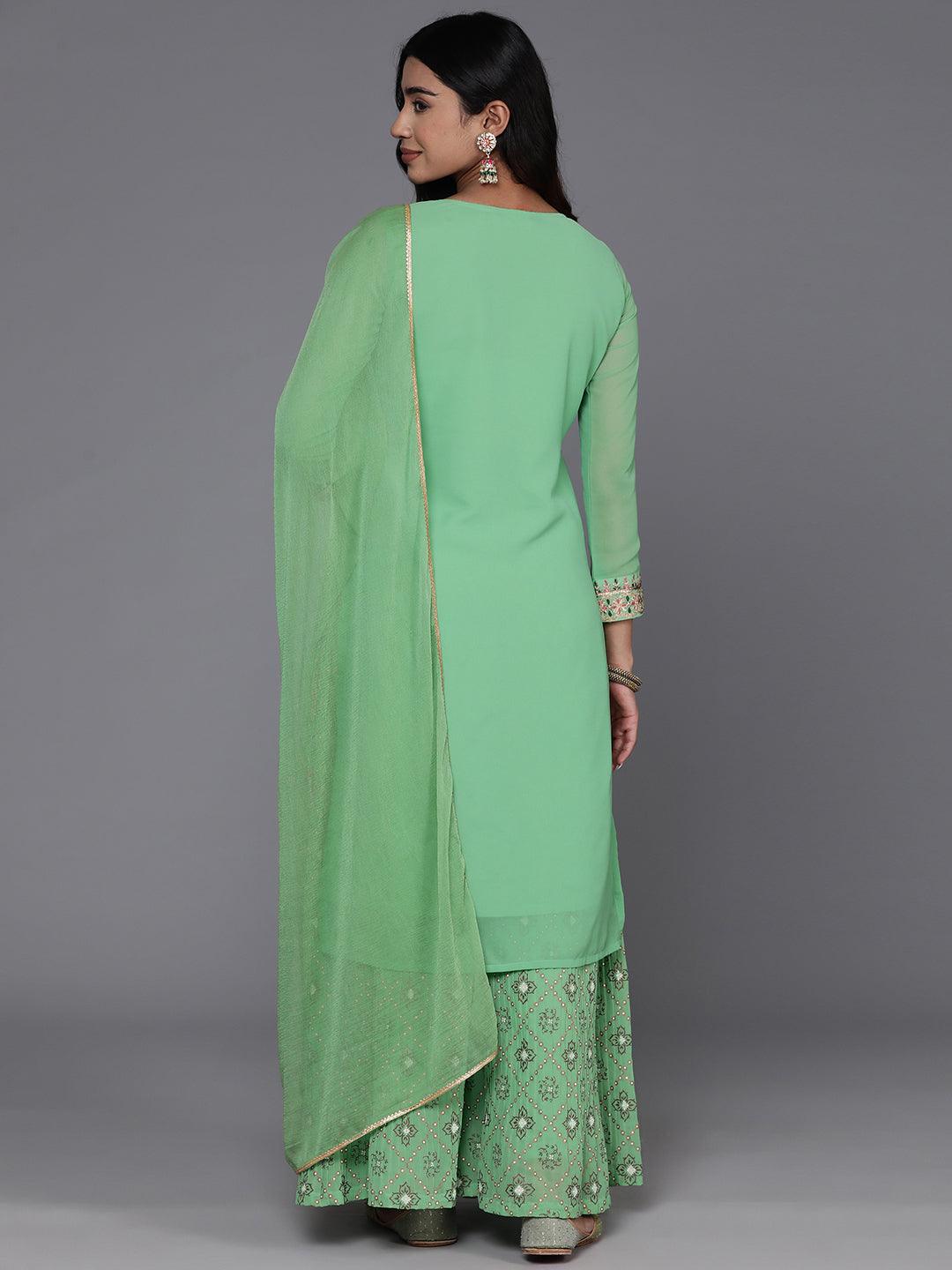 Green Embroidered Georgette Straight Kurta With Palazzos & Dupatta - Libas 