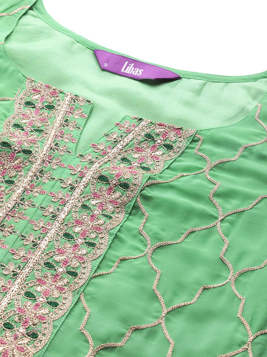 Green Embroidered Georgette Straight Kurta With Palazzos & Dupatta - Libas