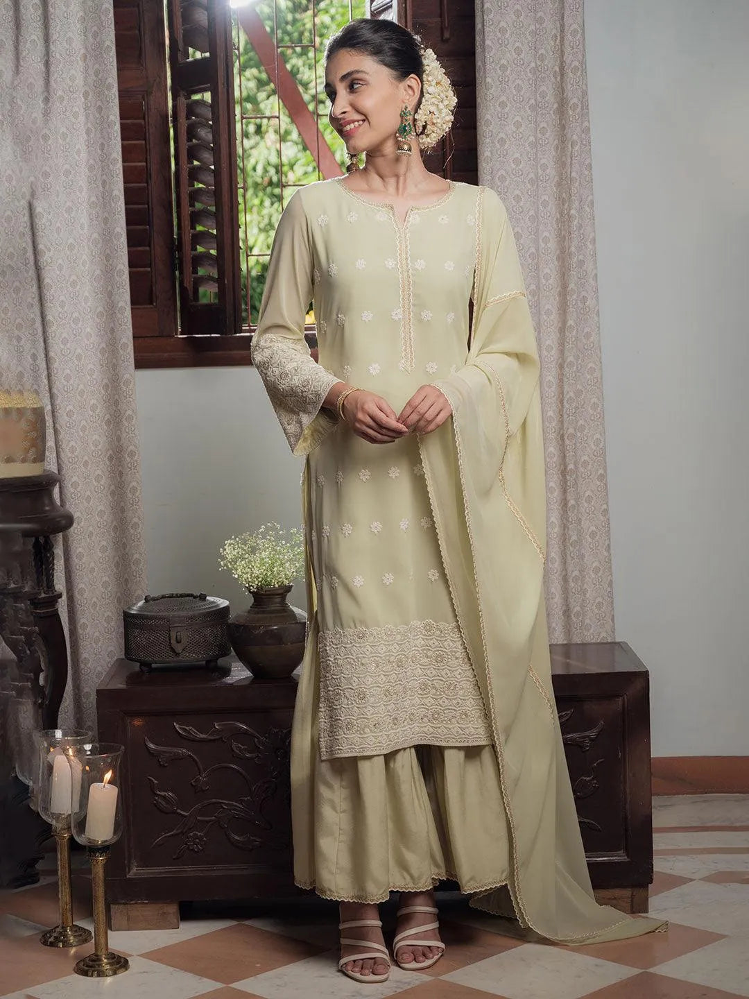 Green Embroidered Georgette Suit Set - Libas