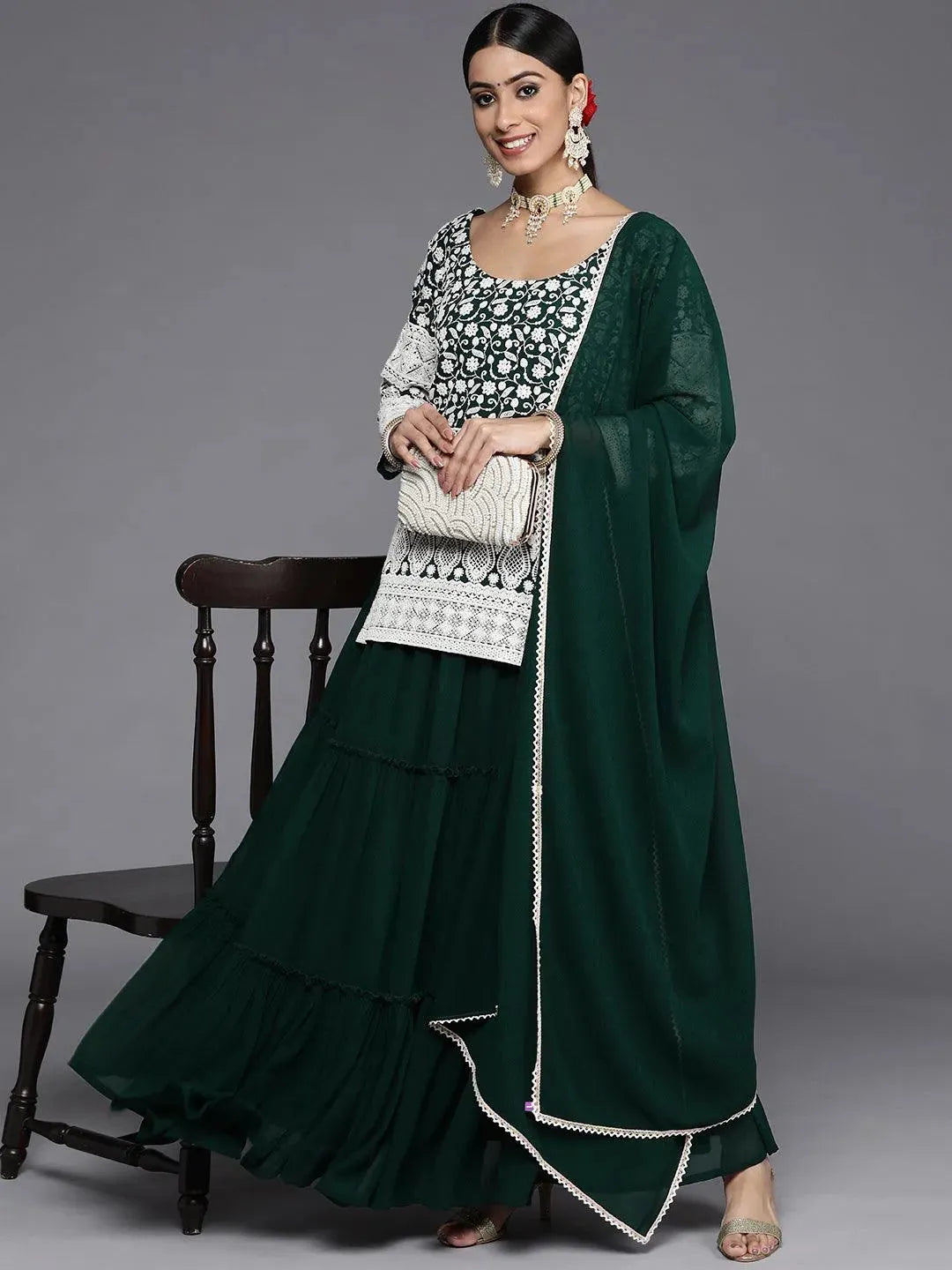 

Green Embroidered Georgette Straight Kurta With Skirt & Dupatta