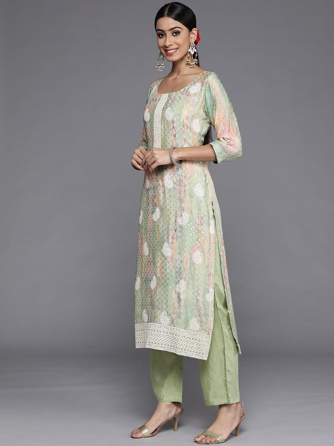 Green Embroidered Georgette Straight Kurta With Trousers & Dupatta