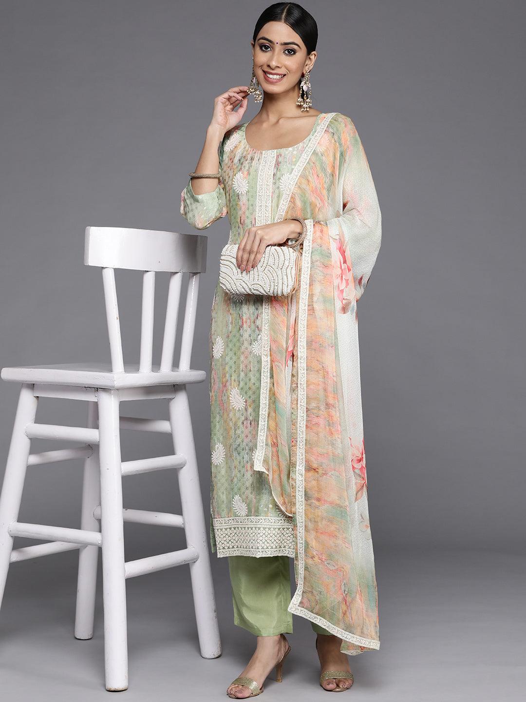 Green Embroidered Georgette Straight Kurta With Trousers & Dupatta