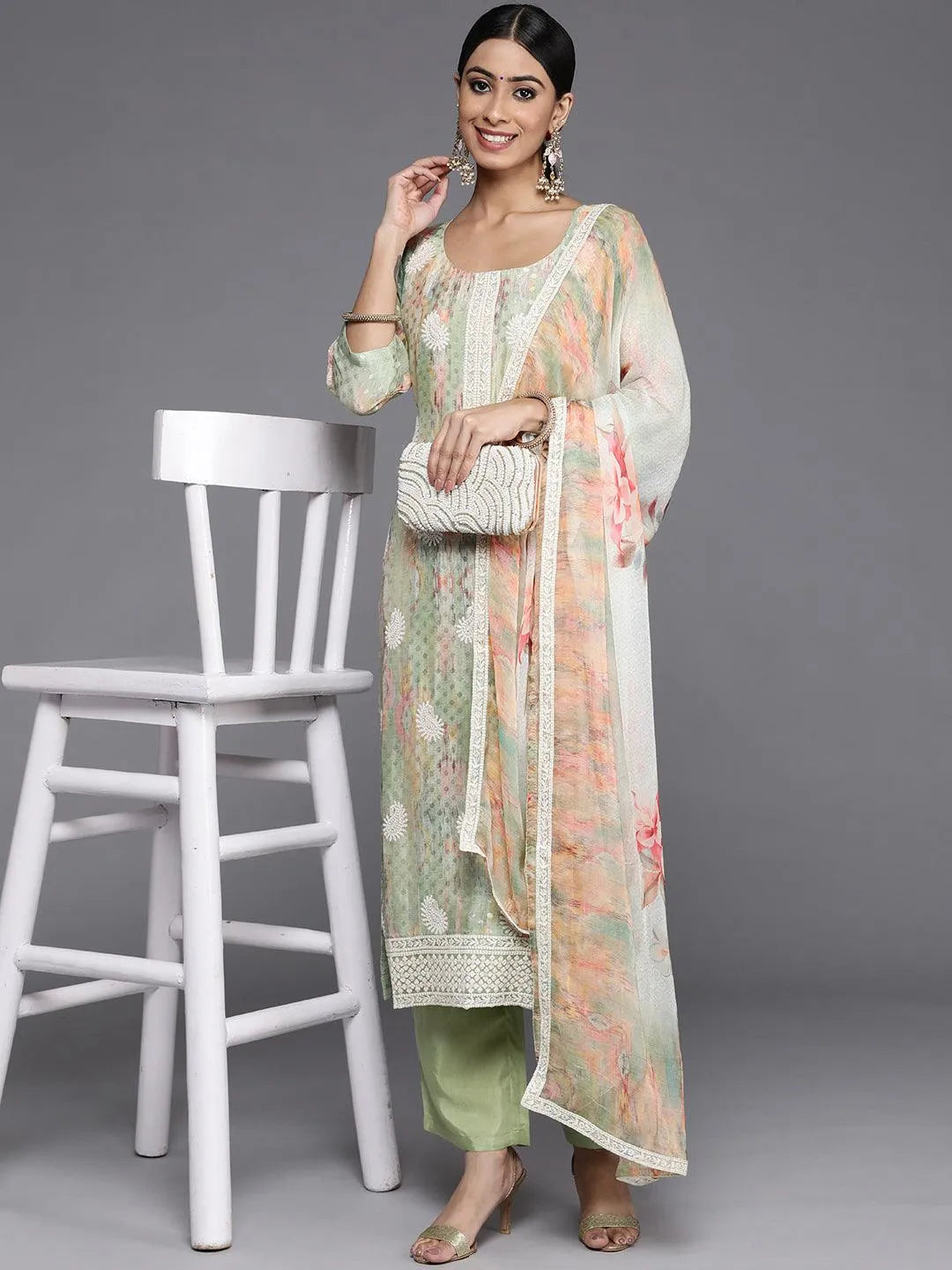 Green Embroidered Poly Georgette Straight Suit Set - Libas