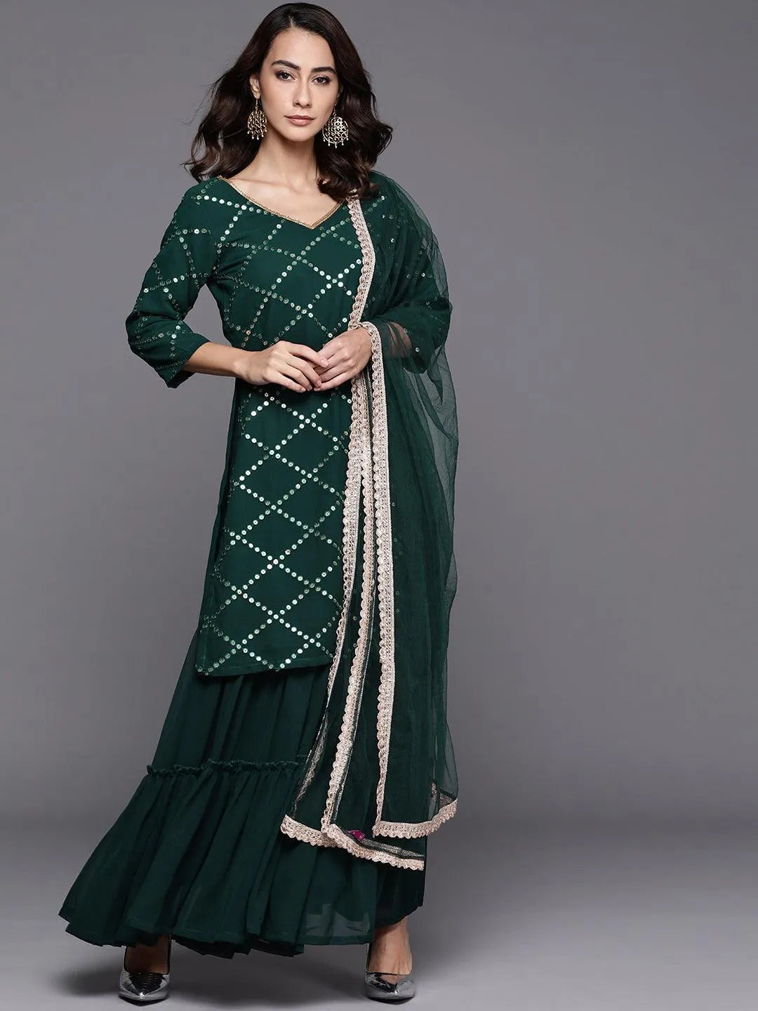 Green Embroidered Georgette Suit Set - Libas 