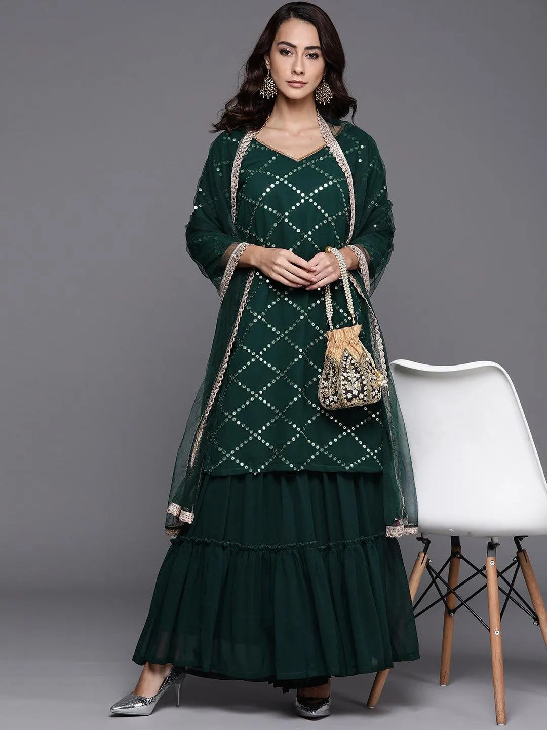 Green Embroidered Georgette Suit Set - Libas