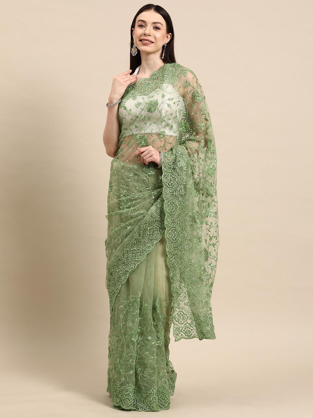 Green Embroidered Net Saree - Libas 