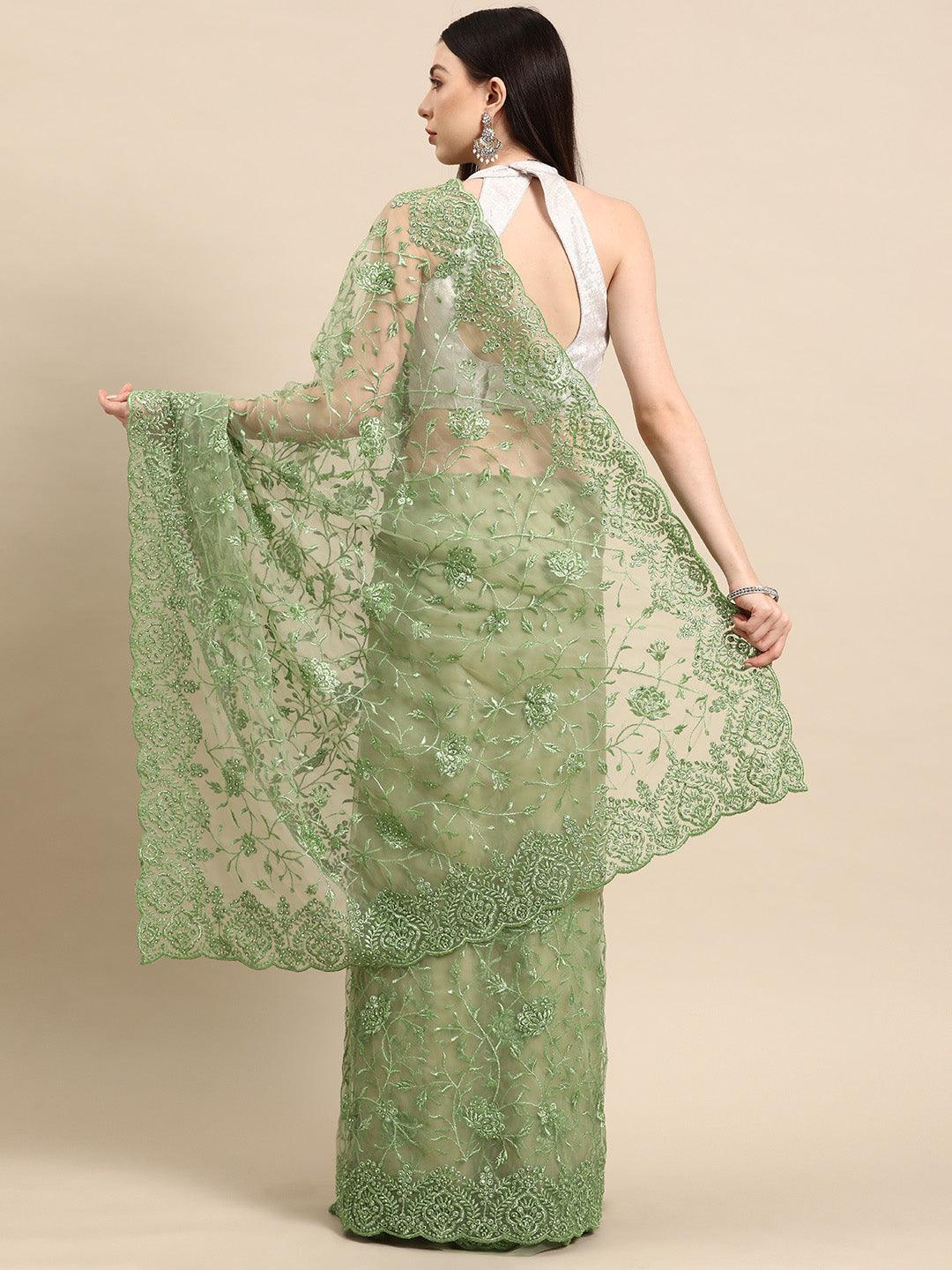 Green Embroidered Net Saree - Libas 