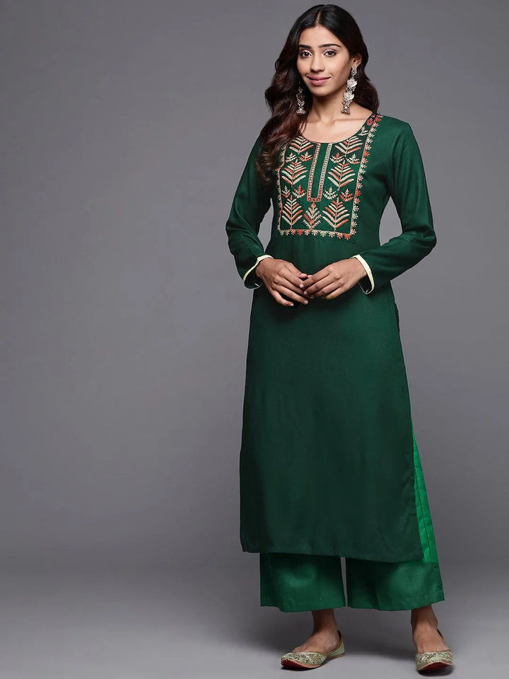 Green Embroidered Pashmina Wool Straight Kurta - Libas