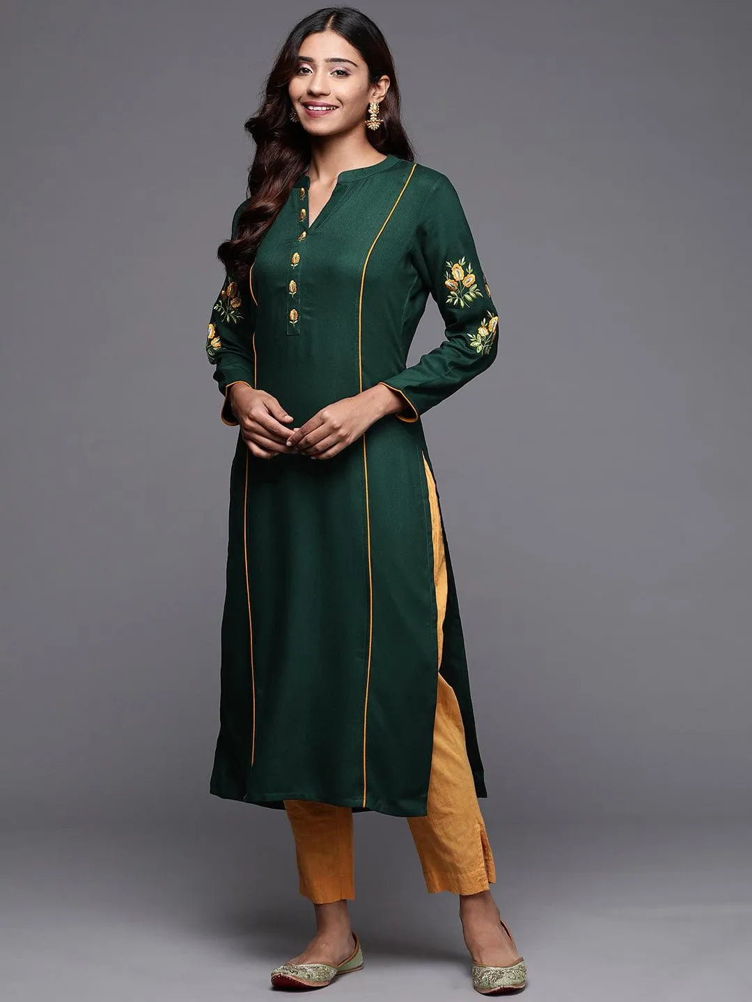 Green Embroidered Pashmina Wool Straight Kurta - Libas