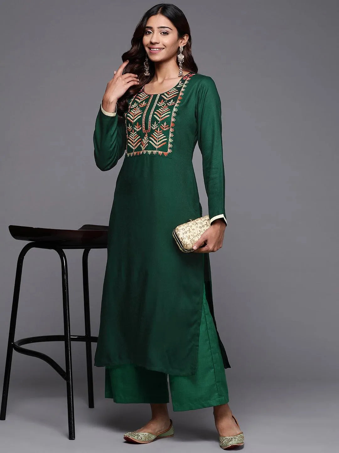 Green Embroidered Pashmina Wool Straight Kurta - Libas